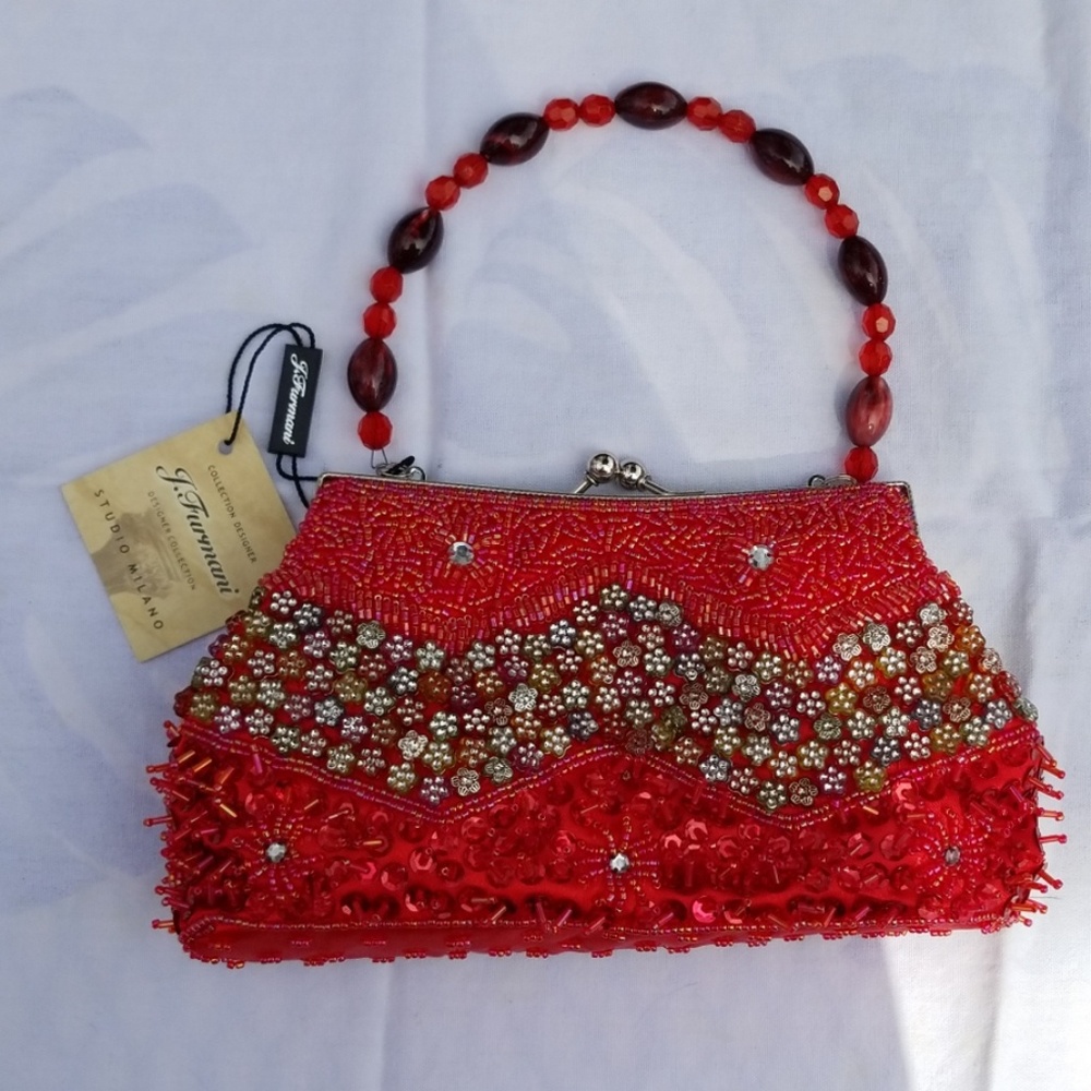 NWT Red,  Silver, Sequined Satin Beaded Bag